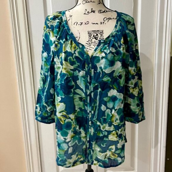 New water floral boho puff sleeves aqua Rayon blouse St. John’s Bay - Picture 14 of 14